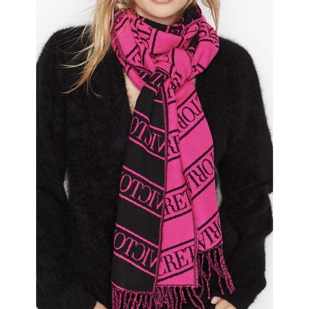 Victoria's Secret Woven Logo Scarf Wrap Cozy w/ Fringe - Fuchsia Pink / Black